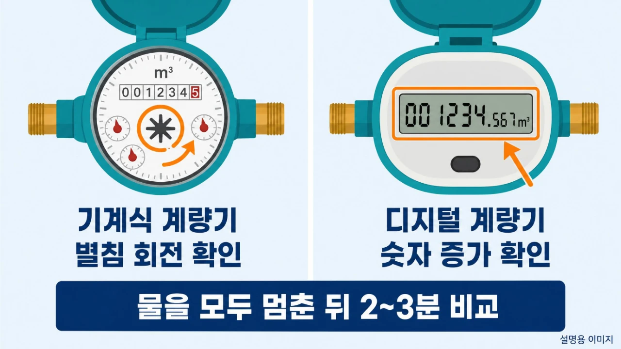 기계식 수도계량기 별침과 디지털 계량기 숫자 확인 위치 비교