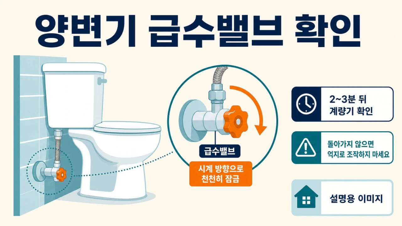 양변기 옆 급수밸브 위치와 시계 방향으로 잠그는 방법