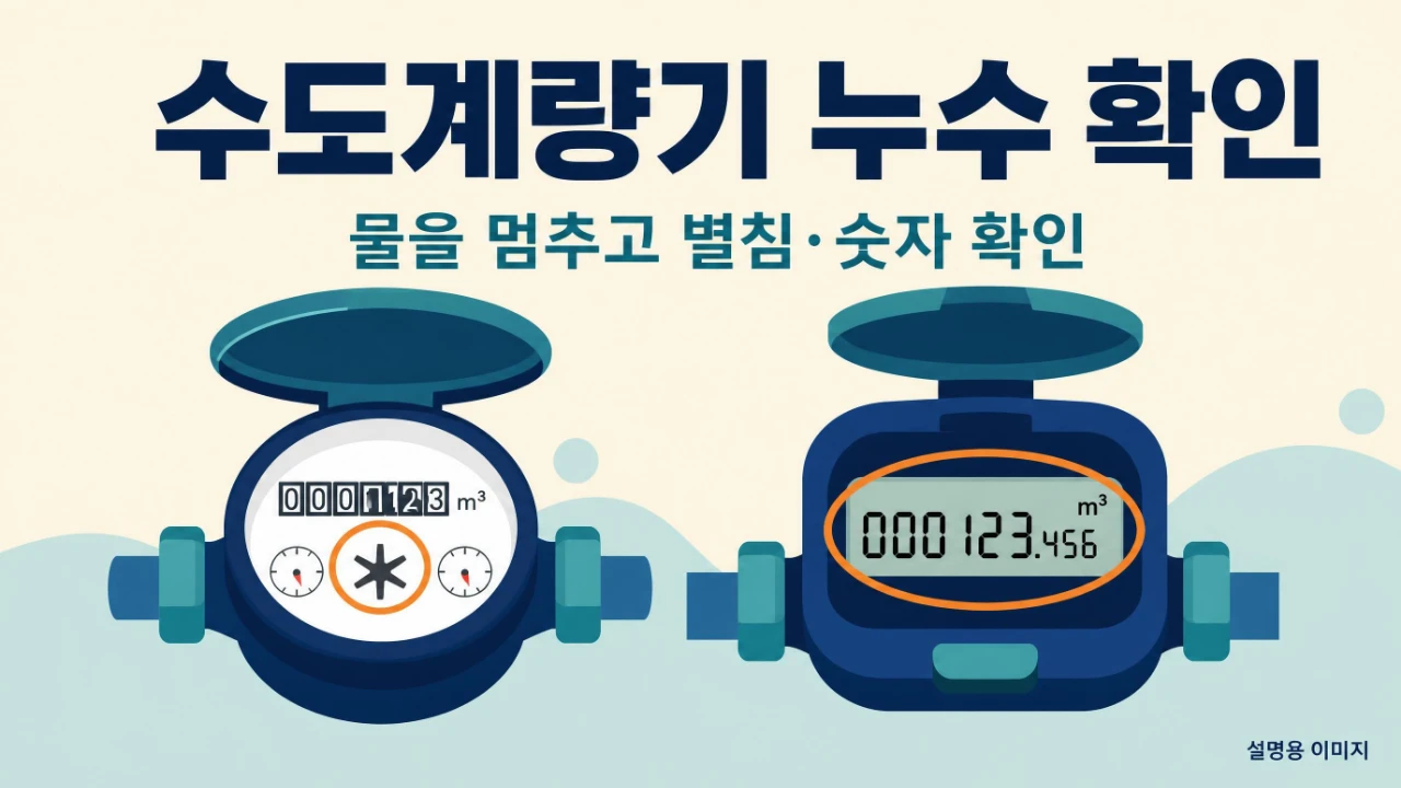 기계식 별침과 디지털 숫자로 수도계량기 누수를 확인하는 설명 이미지