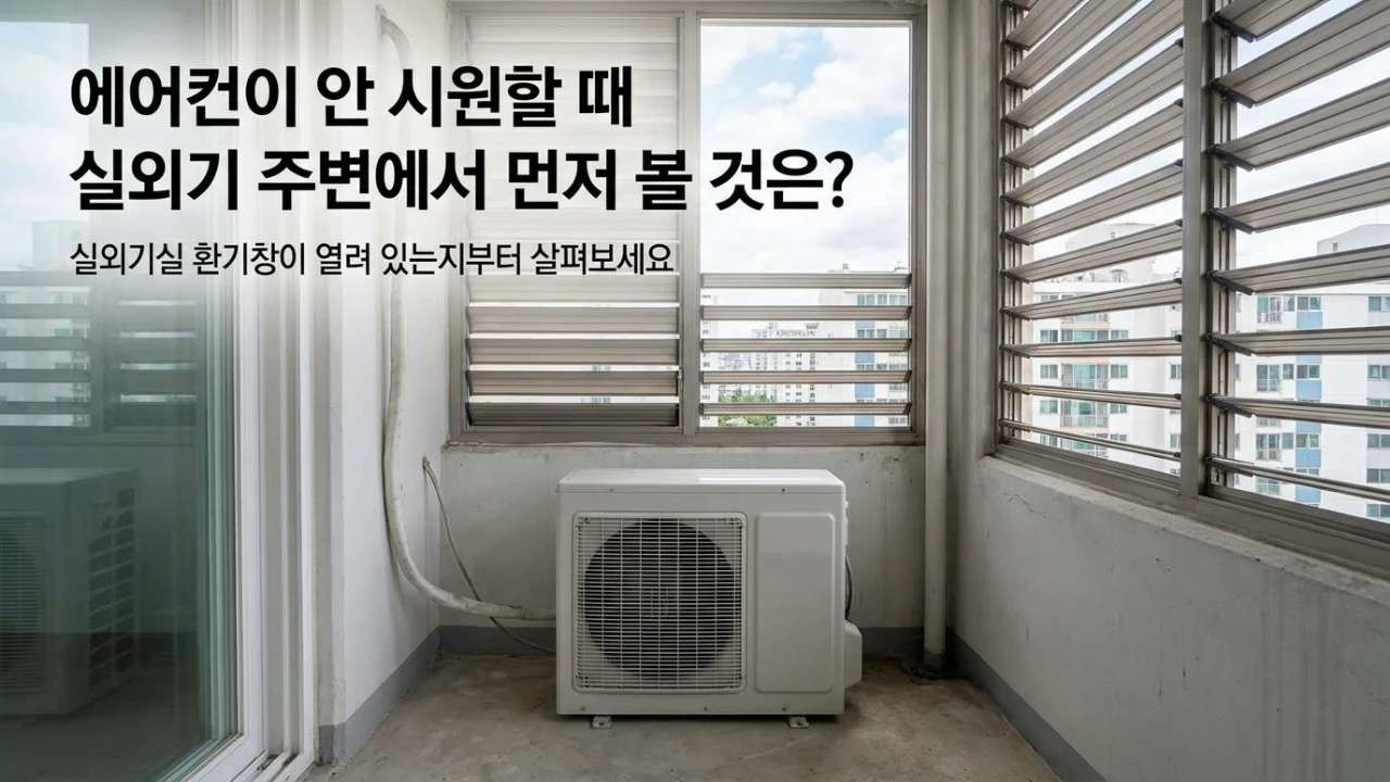 환기창이 열린 실외기실에 놓인 에어컨 실외기