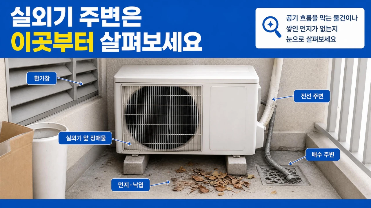 실외기 주변에서 확인할 환기창, 앞쪽 장애물, 먼지·낙엽, 전선 주변과 배수 주변 위치