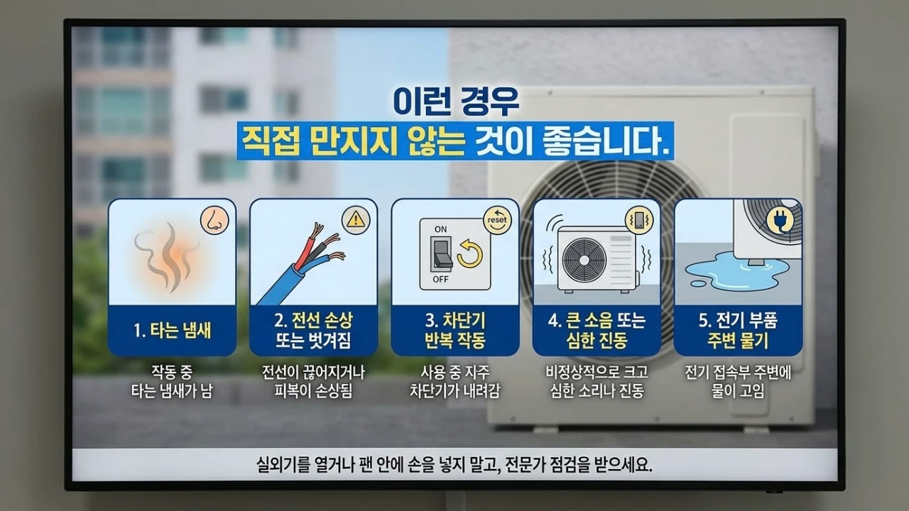 실외기 점검이 필요한 타는 냄새, 전선 손상, 차단기 반복 작동, 큰 소음·진동, 전기 부품 주변 물기