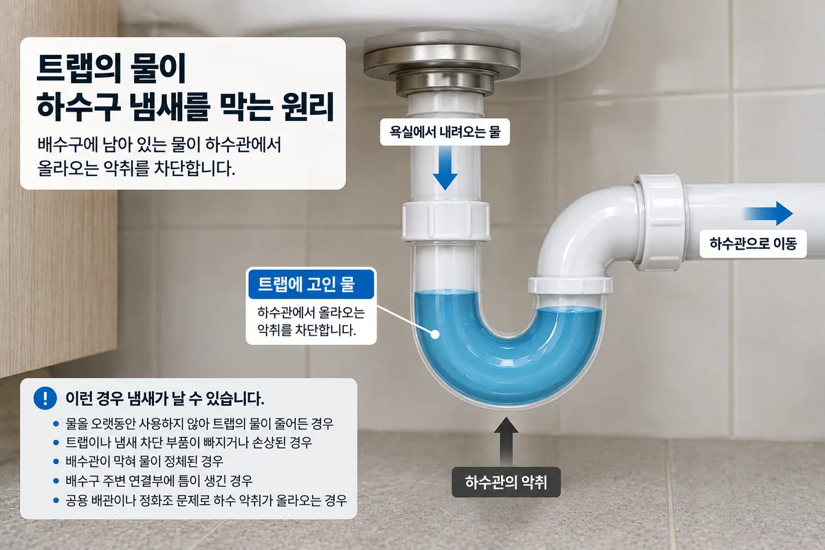 욕실 배수구 트랩에 고인 물이 하수구 냄새를 차단하는 구조 설명 이미지