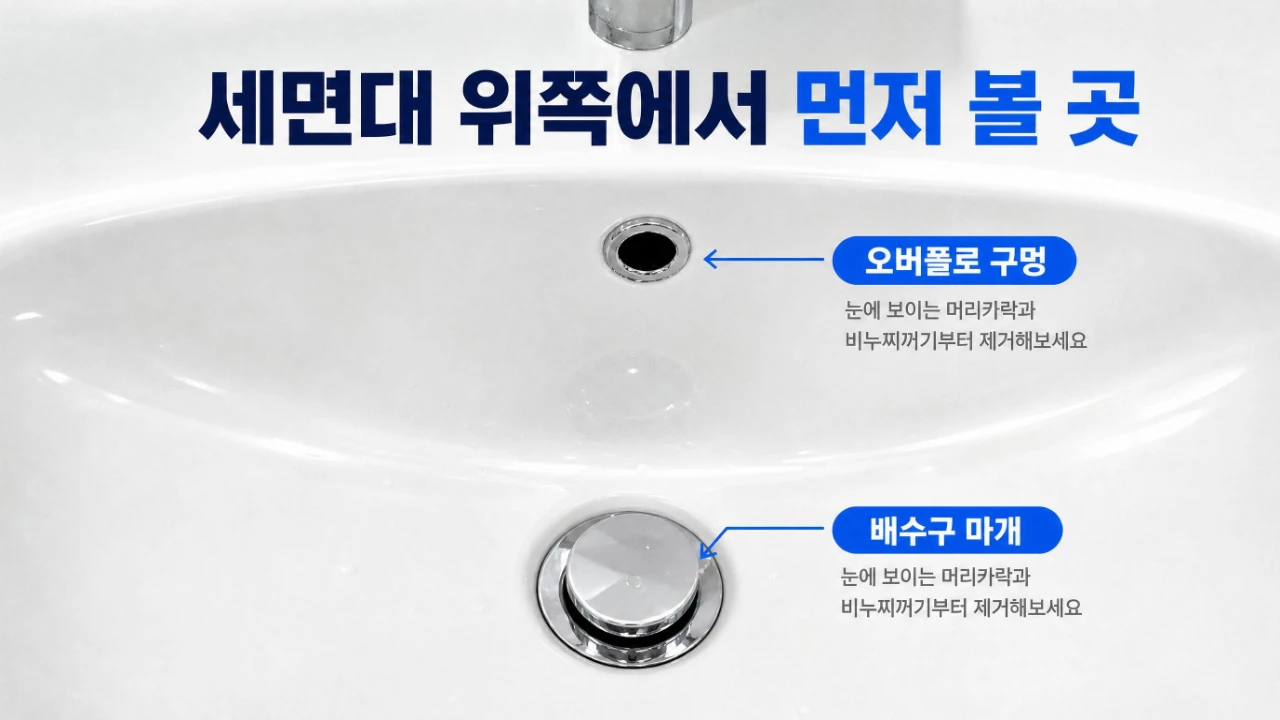 세면대 위쪽의 배수구 마개와 오버플로 구멍 위치 안내