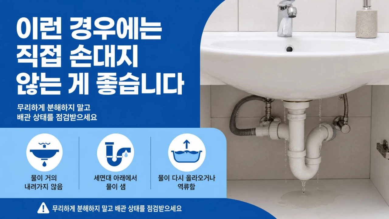 물이 거의 내려가지 않음, 세면대 아래 누수, 역류 등 직접 작업을 멈춰야 할 세 가지 신호