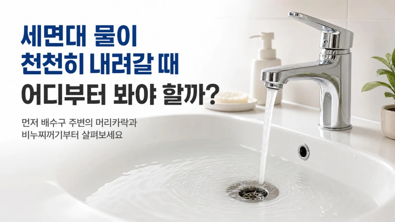 물이 천천히 내려가는 세면대와 배수구 주변의 머리카락·비누찌꺼기 확인 안내