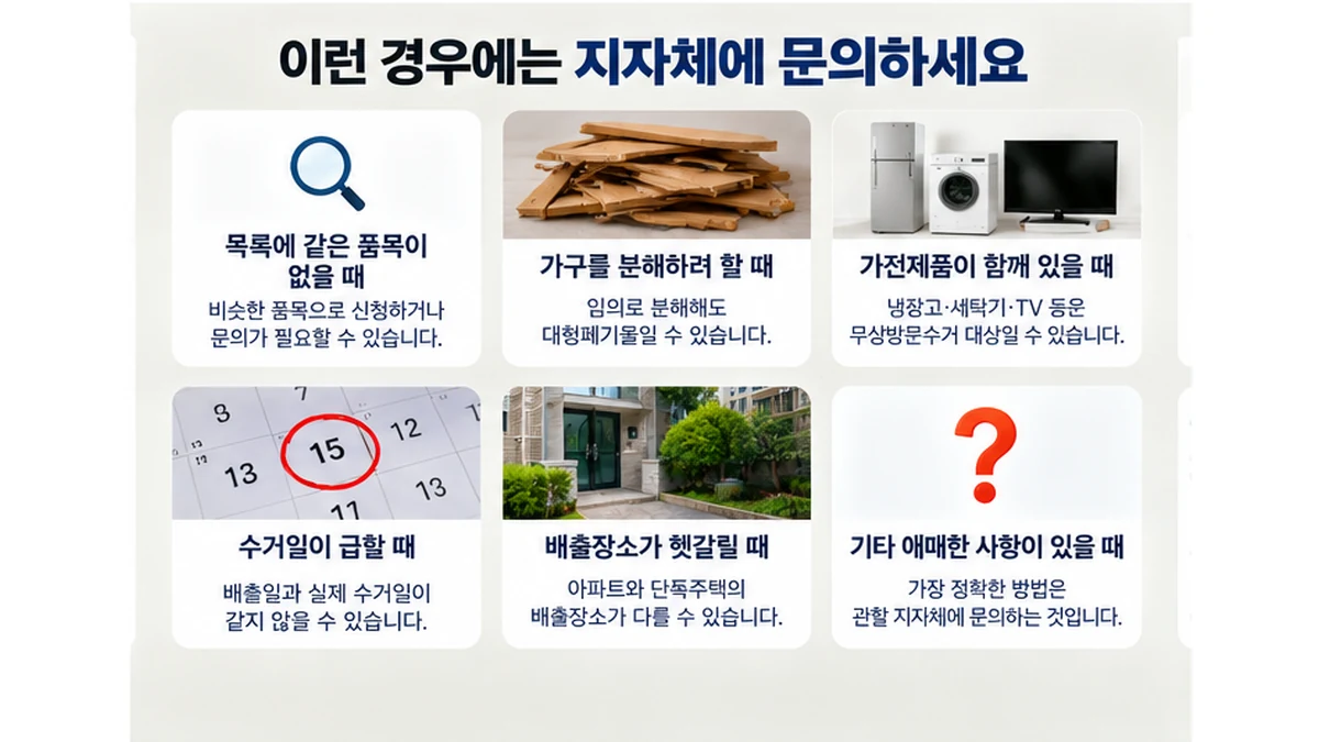 대형폐기물 신고 품목 불일치 분해 가구 폐가전 수거일과 배출장소 확인 사례