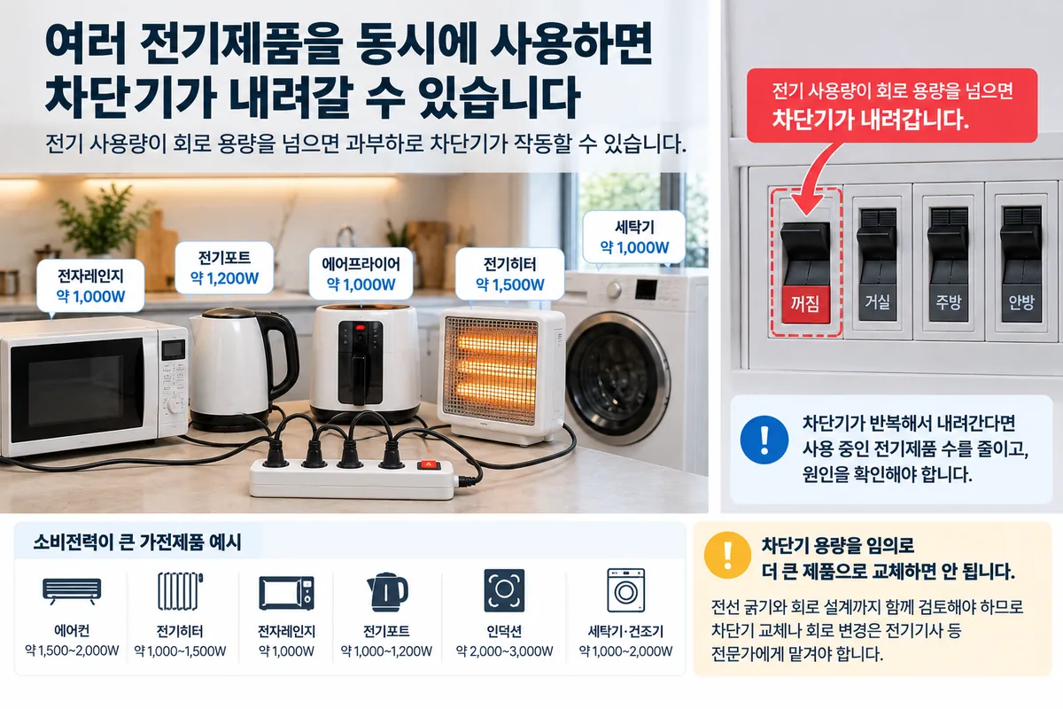 여러 고전력 가전제품을 동시에 사용해 과부하로 차단기가 내려가는 상황을 설명한 이미지