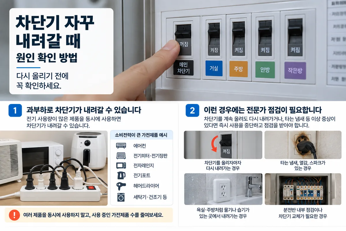 가정용 차단기가 자주 내려갈 때 과부하와 위험 신호를 확인하는 설명 이미지
