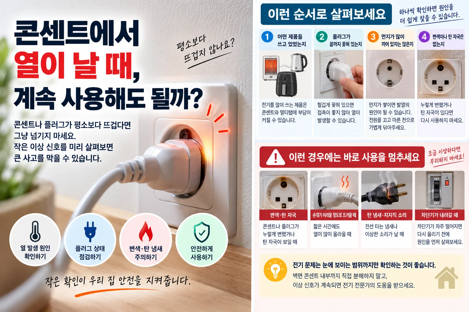 콘센트 변색 탄 자국 탄 냄새 스파크 차단기 작동 같은 위험 신호