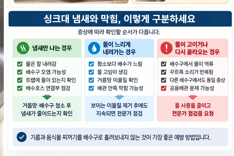 싱크대 물 고임과 역류가 있을 때 전문가 점검이 필요한 증상