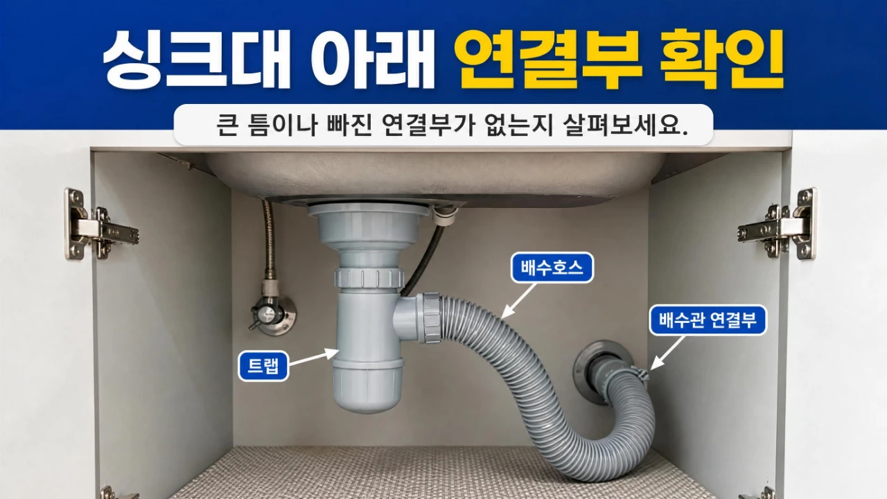 싱크대 아래 트랩과 배수호스, 배수관 연결부 점검 위치