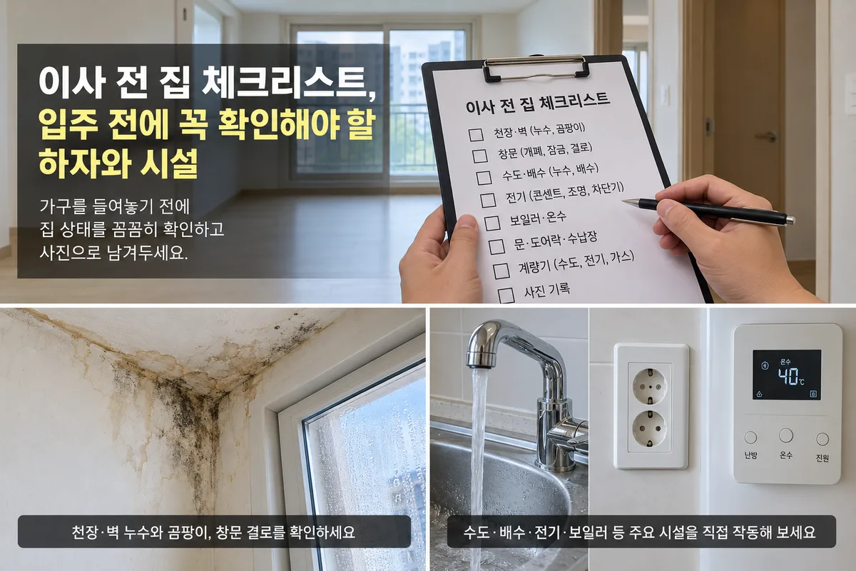 이사 전 입주 전에 누수 곰팡이 창문 수도 전기 보일러 등을 점검하는 체크리스트 이미지