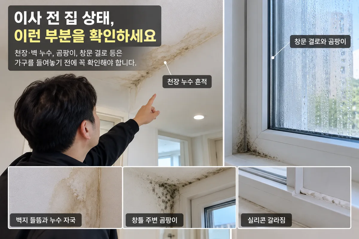 이사 전 천장 누수 흔적 벽지 들뜸 창문 결로 곰팡이 실리콘 갈라짐을 확인하는 이미지