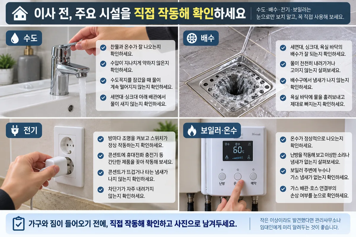 이사 전 수도 배수 전기 보일러와 온수 작동 상태를 확인하는 체크리스트 이미지