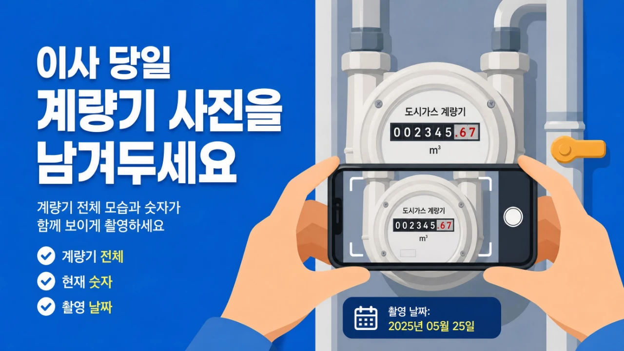 휴대폰으로 도시가스 계량기 전체 모습과 현재 사용량을 촬영하고 날짜를 기록하는 방법