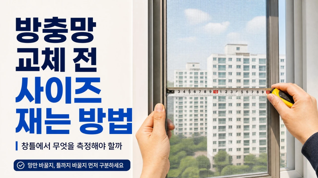 방충망 교체 전 창문에 설치된 방충망의 가로 치수를 줄자로 재는 모습