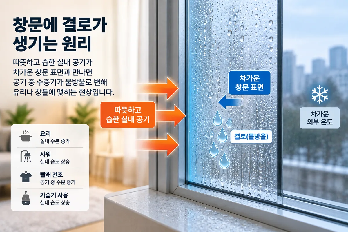 따뜻하고 습한 실내 공기가 차가운 창문 표면에 닿아 결로가 생기는 원리