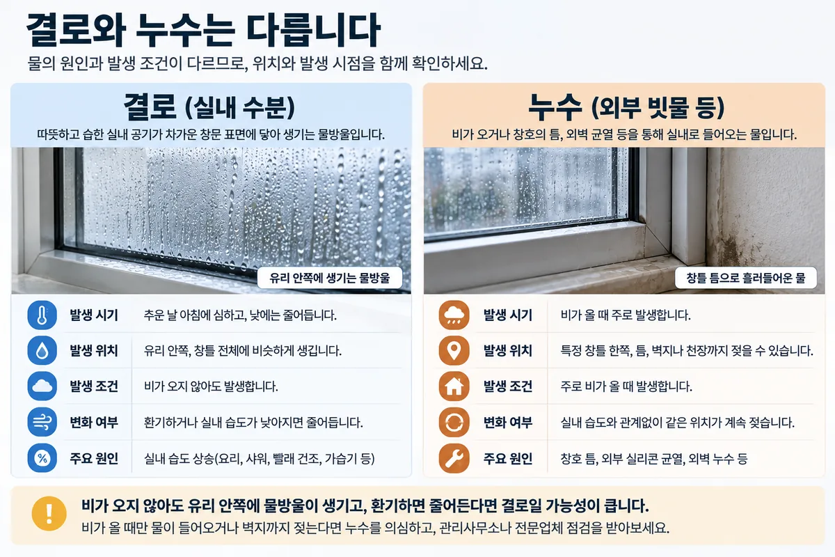 창문 결로와 외부 빗물 누수의 발생 시기 위치 원인을 비교한 이미지