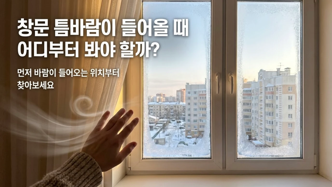 닫힌 창문 가까이에 손을 대어 틈바람이 들어오는 위치를 확인하는 모습