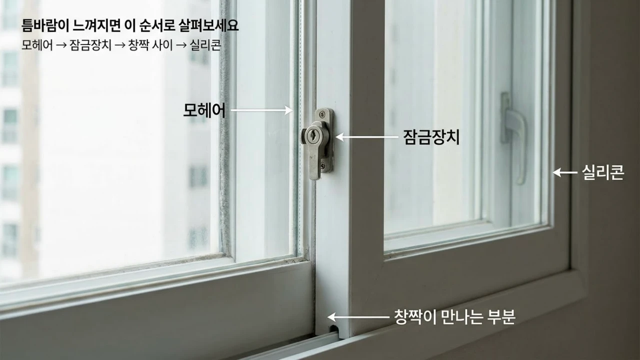 미닫이창의 모헤어, 잠금장치, 창짝이 만나는 부분과 실리콘의 확인 위치