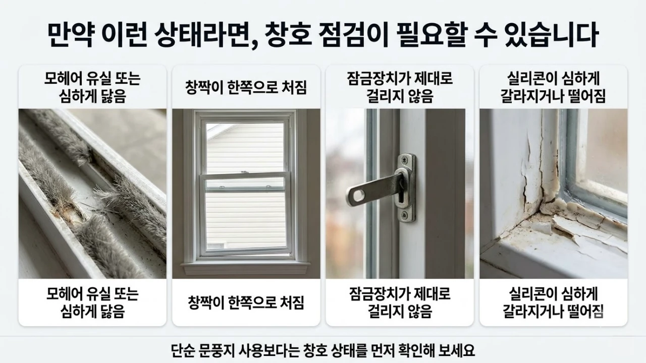 모헤어 유실·마모, 창짝 처짐, 잠금장치 맞물림 불량, 실리콘 갈라짐·벌어짐의 네 가지 창호 점검 신호