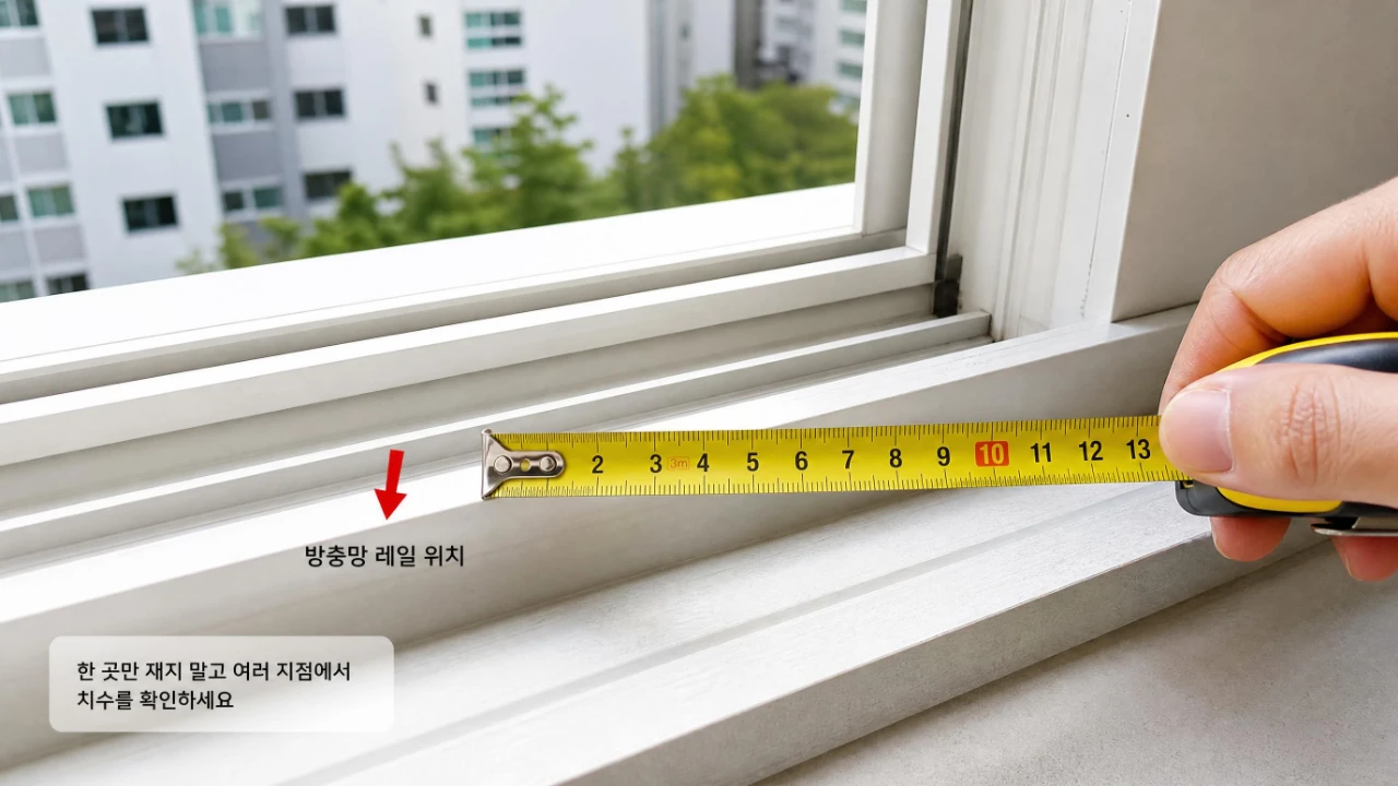 방충망이 들어가는 창틀 레일 위치와 가로 치수를 줄자로 확인하는 모습